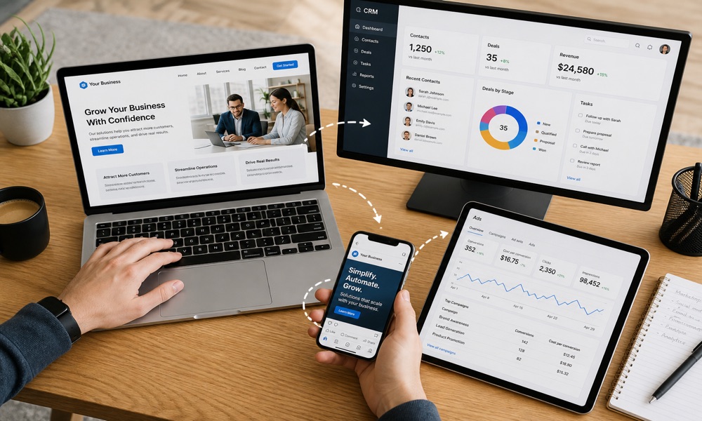 Diagram-style desk view with arrows between website laptop, phone app, ads tablet, and CRM monitor.