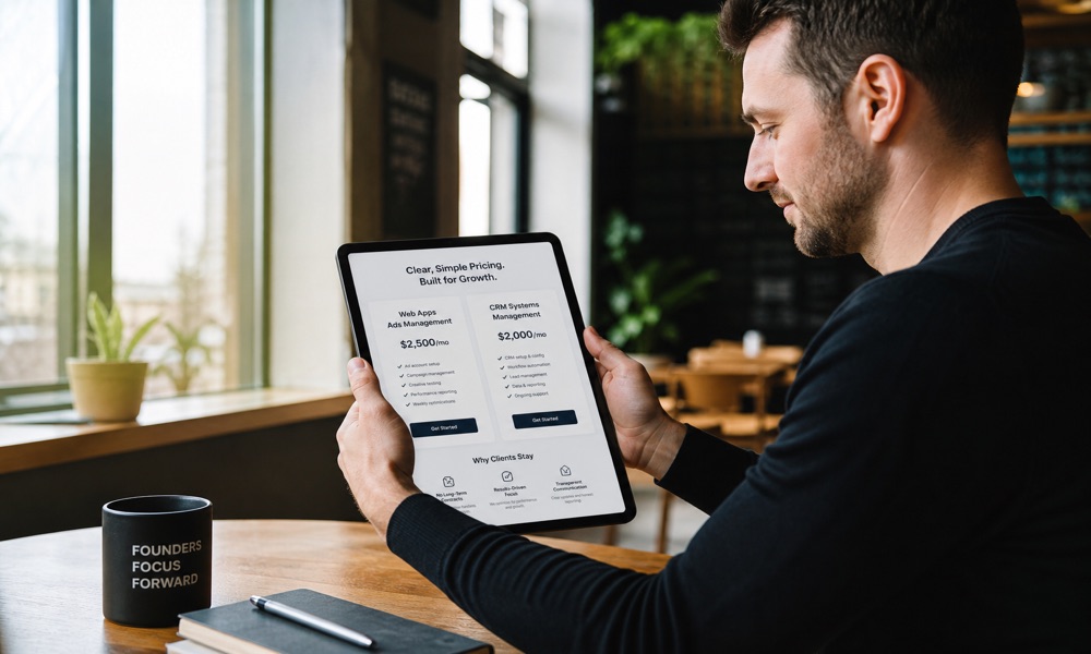 Founder reviewing a simple pricing sheet for web apps ads and CRM retainers on a tablet.