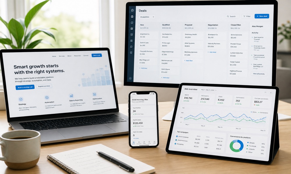 Four connected screens showing a website, mobile app, ads dashboard, and CRM pipeline in a bright modern workspace.