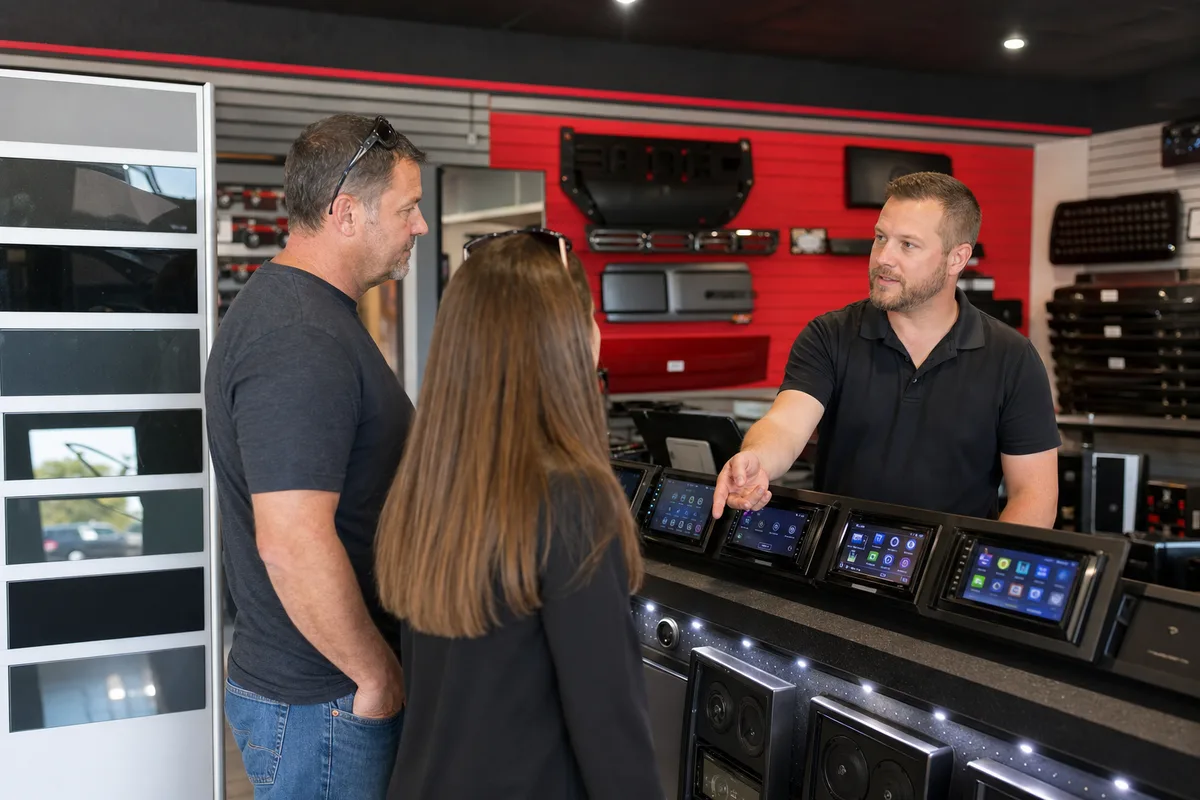Automotive accessories retail shop with head units, tint samples, and truck gear on display.