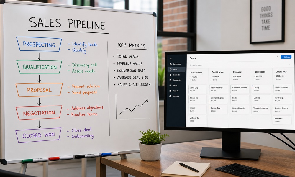 Whiteboard pipeline stages mapped next to a CRM kanban board on a monitor.