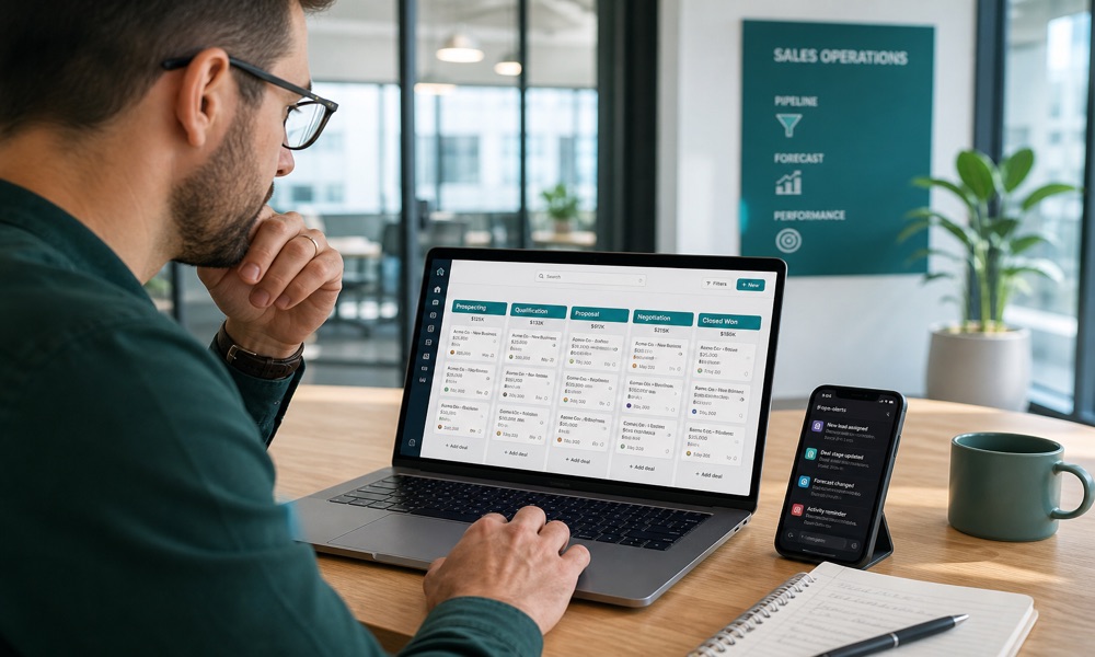 Sales ops lead reviewing a CRM pipeline board on a laptop with Slack notifications on a phone nearby.