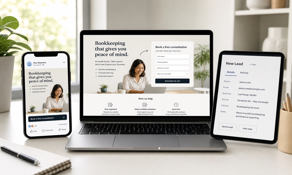 Split view of an ad creative next to a matching landing page and CRM lead card.