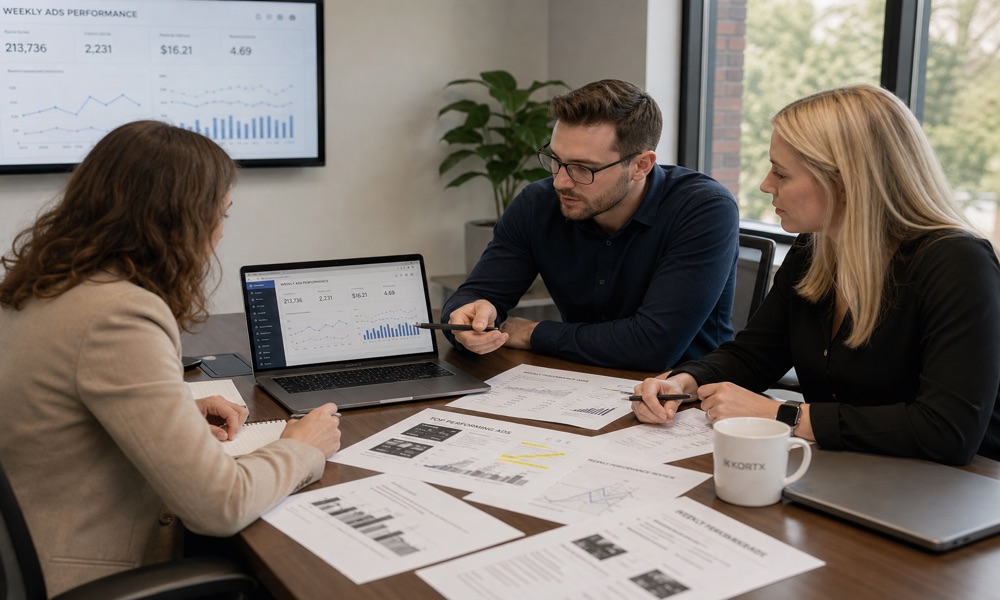 Weekly ads review meeting with laptop charts and annotated printouts of campaign performance.