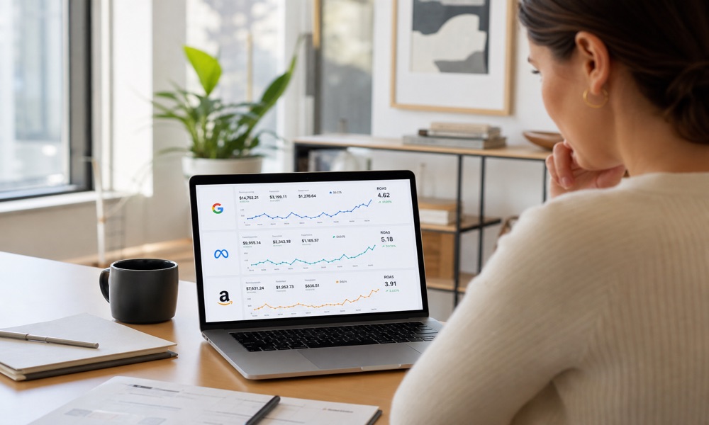 Marketer reviewing Google Meta and Amazon campaign dashboards on a laptop with ROAS charts visible.