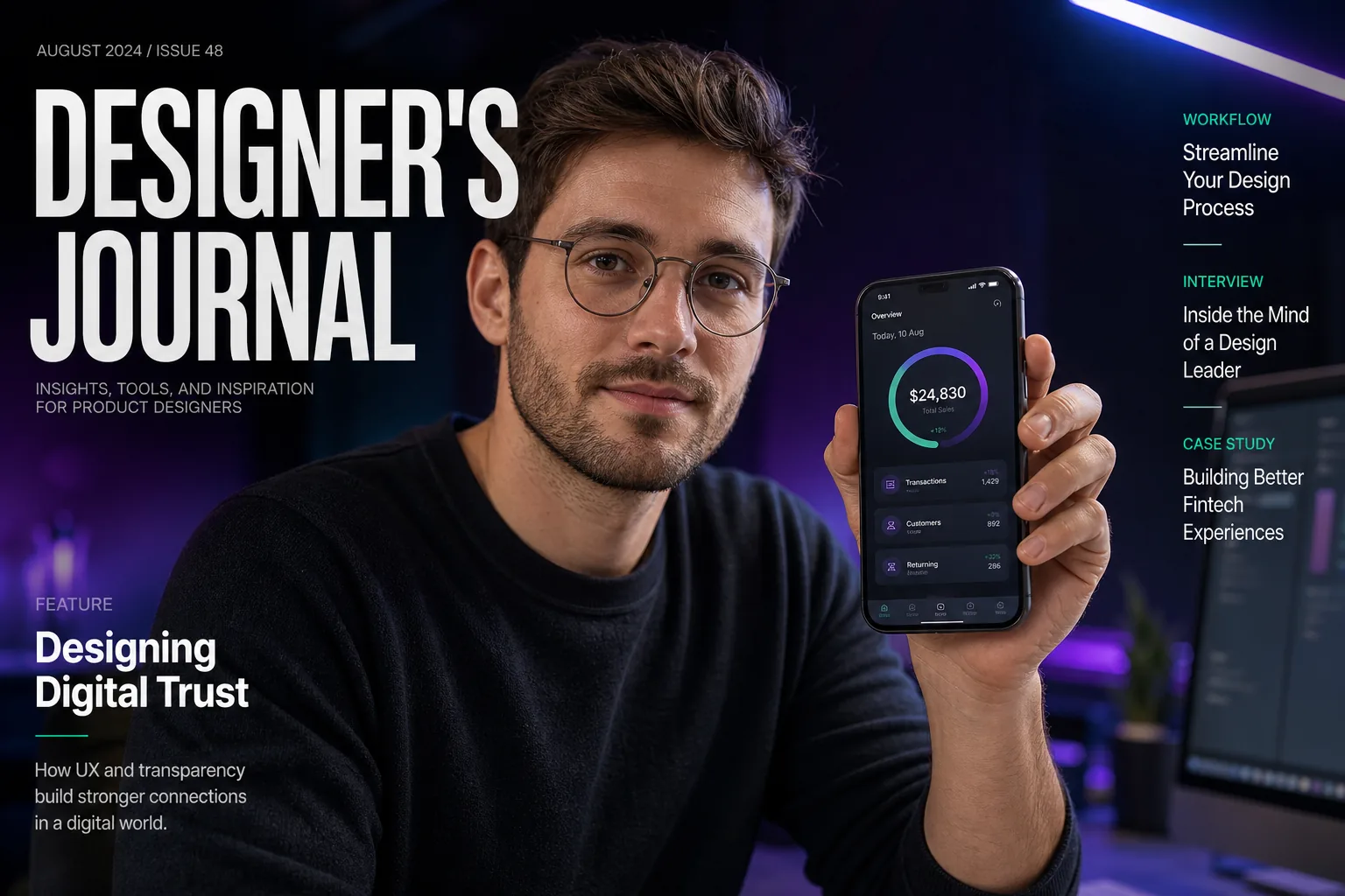 Product designer holding a phone showing a custom business app with subtle purple and green UI accents.
