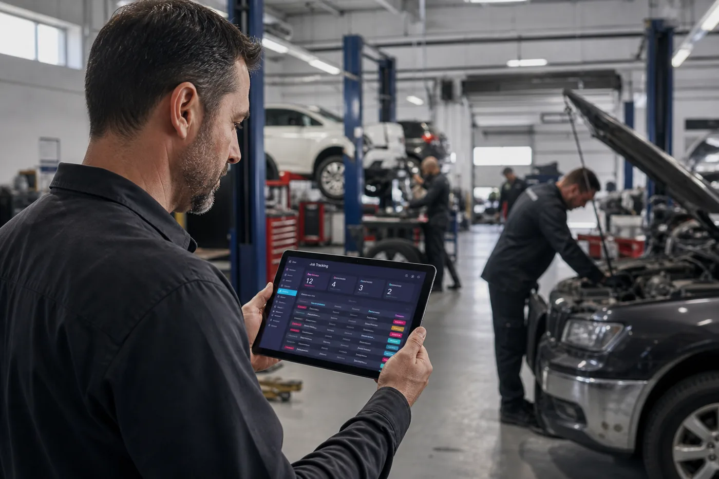 Operations manager using a tablet custom app to track jobs while team members work in a service bay.