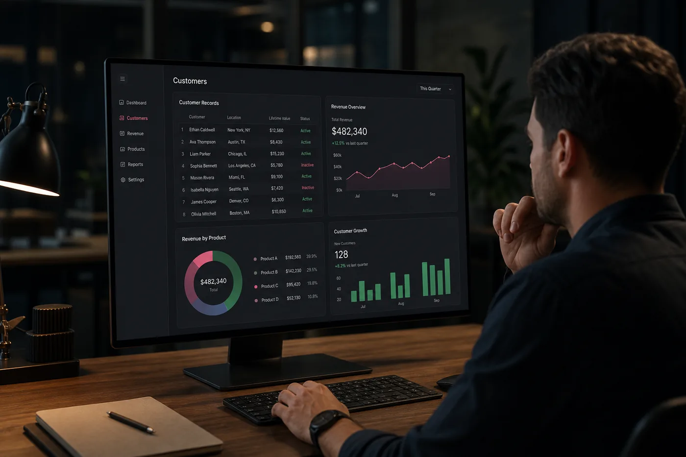 Dashboard showing customer records and revenue metrics on a desktop with dark UI and neon chart highlights.