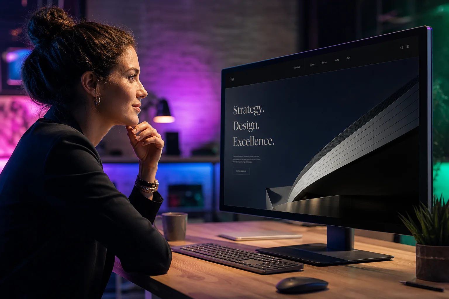 Founder reviewing a bespoke website layout on a large monitor in a dim studio with magenta and cyan light accents.