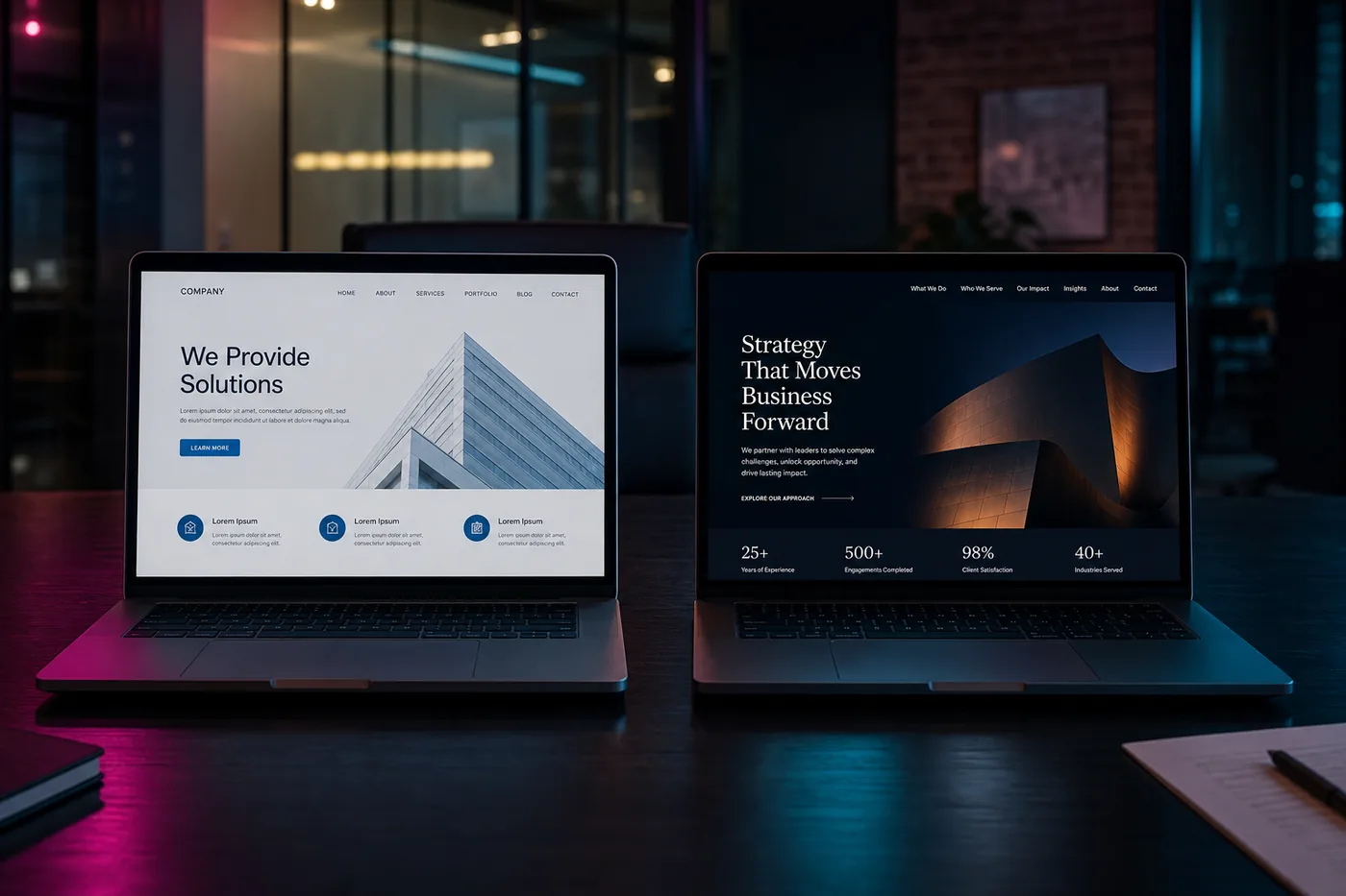 Side-by-side comparison of a generic template homepage and a custom branded business website on laptop screens.