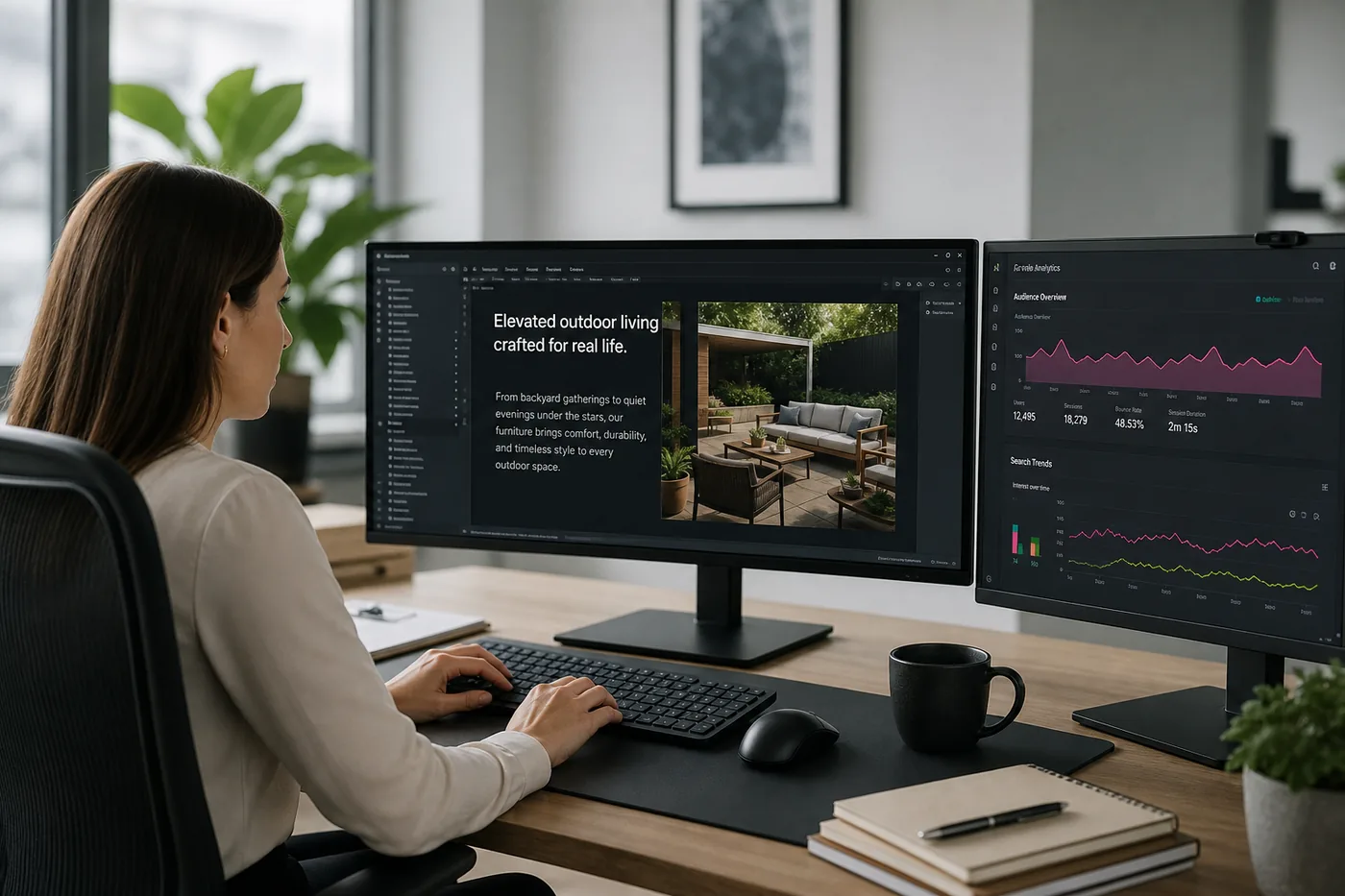 Marketing lead editing website copy in a content system with analytics visible on a second screen.