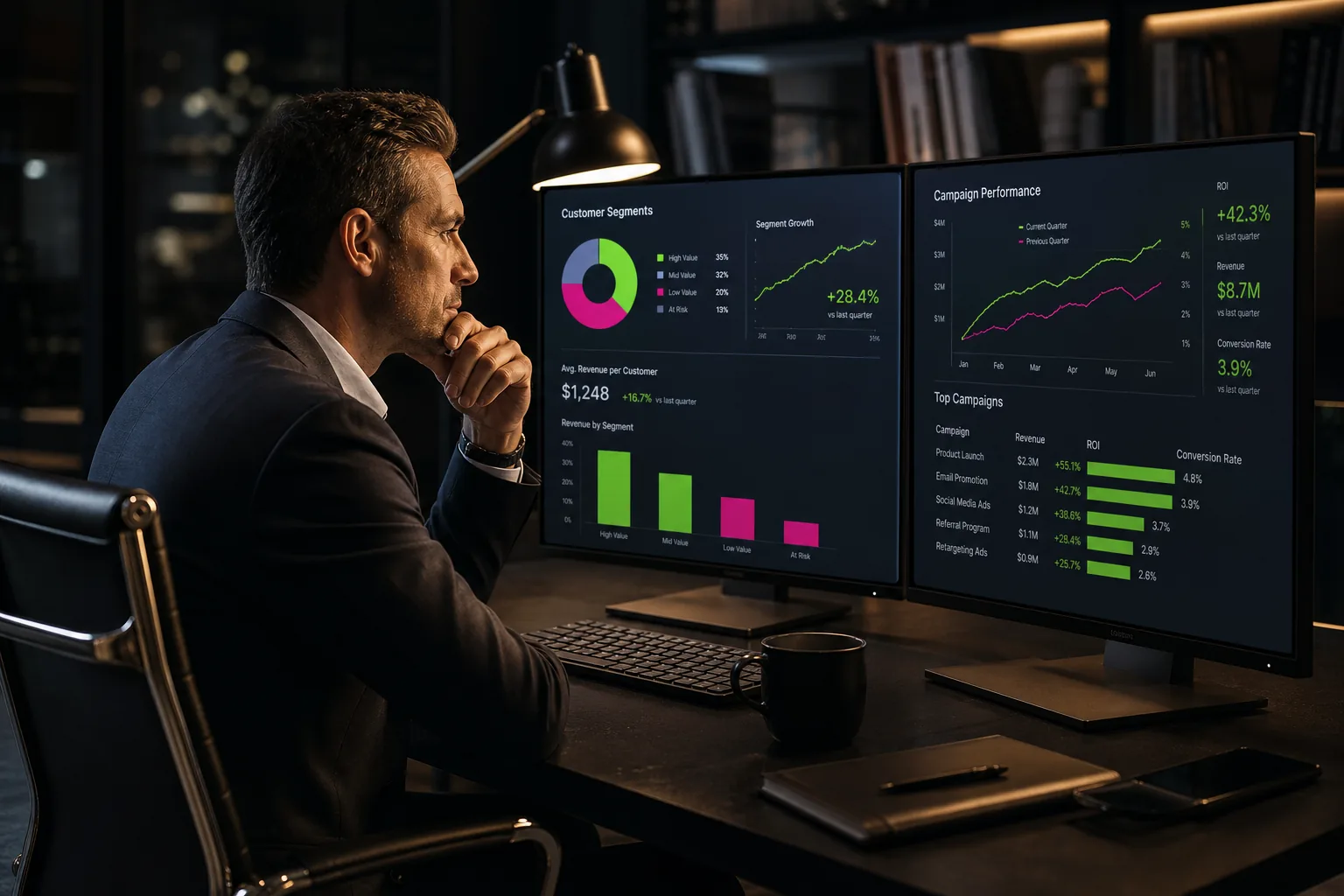 Business owner studying customer segment charts and campaign results on monitors in a dark office with green and pink data highlights.