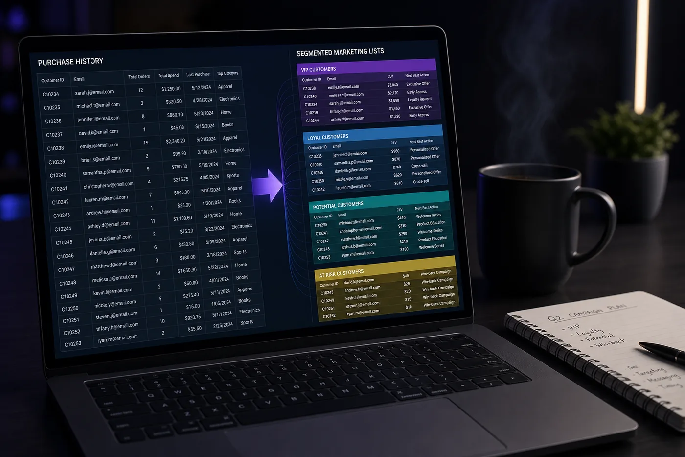 Spreadsheet of customer purchase history transformed into segmented marketing lists on a laptop.