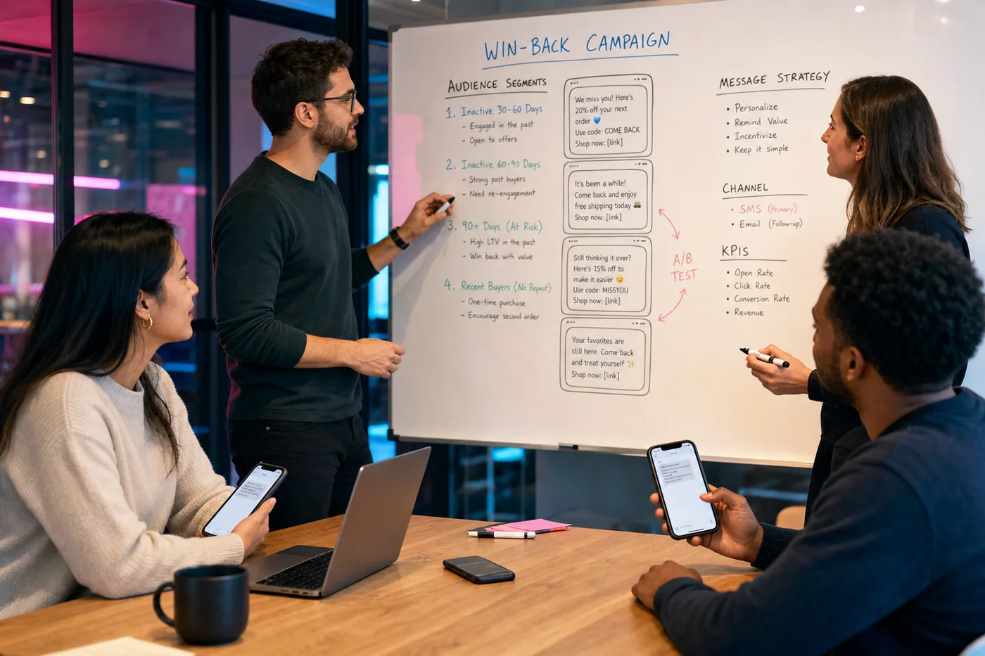 Team planning a customer win-back campaign with whiteboard segments and mobile message previews.