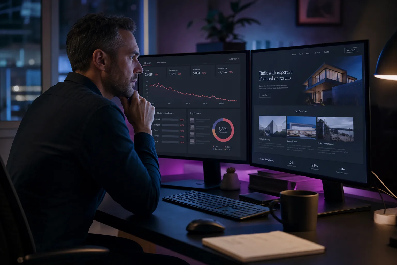 Business owner at a dark desk watching a social feed go blank on one monitor while an owned website stays live on another.