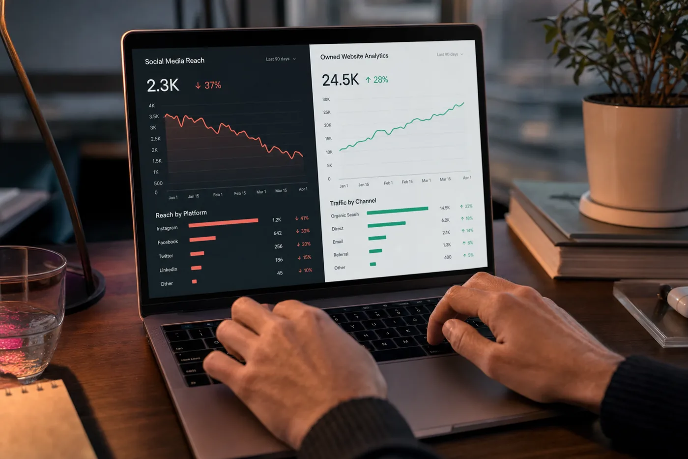 Laptop showing a fading social media analytics graph beside a stable owned website dashboard.