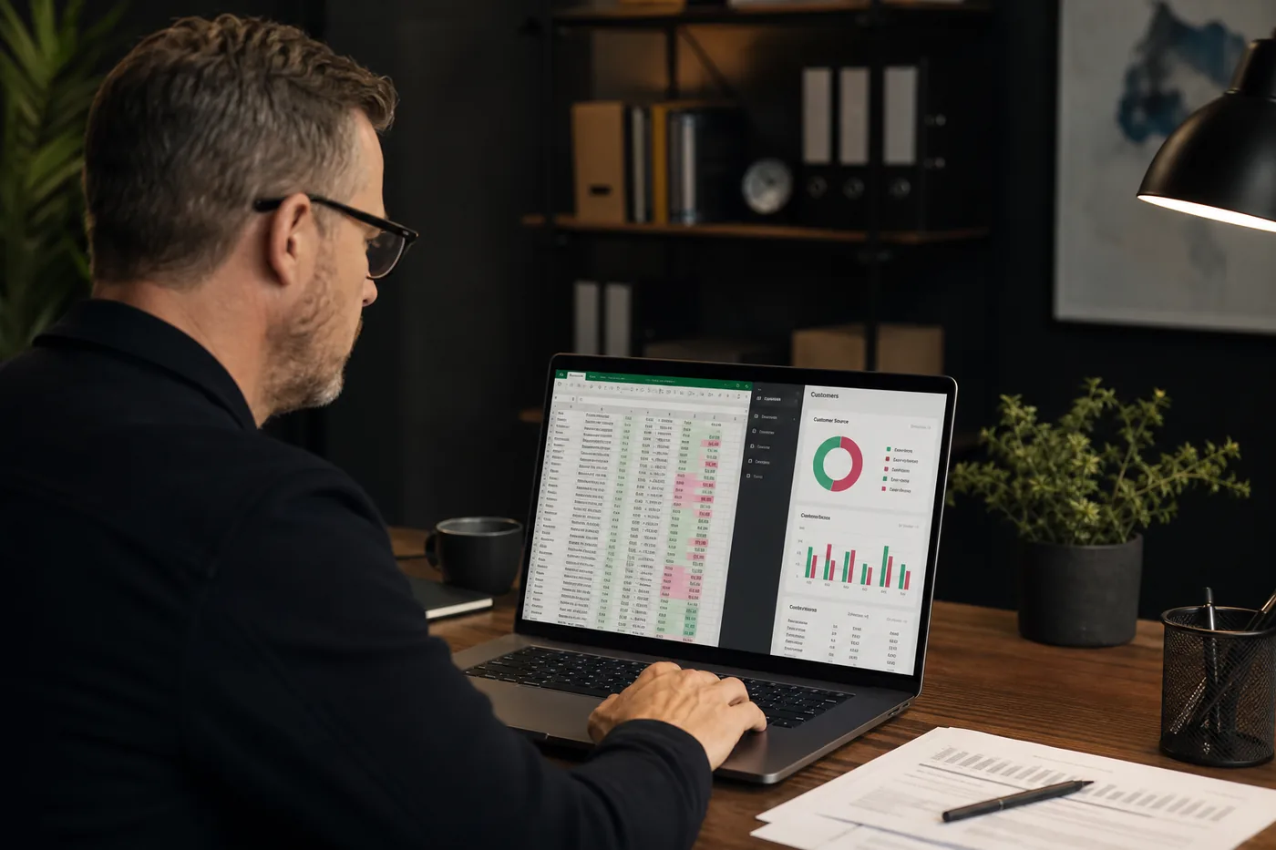 Entrepreneur reviewing customer export files and CRM records at a modern workspace with subtle neon accents.