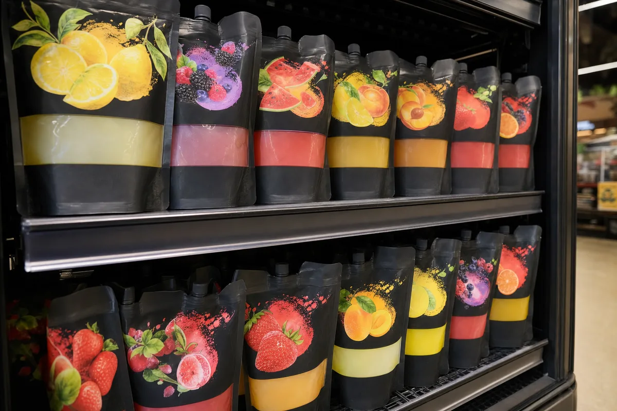 Colorful lemonade pouches in a refrigerated retail store display.