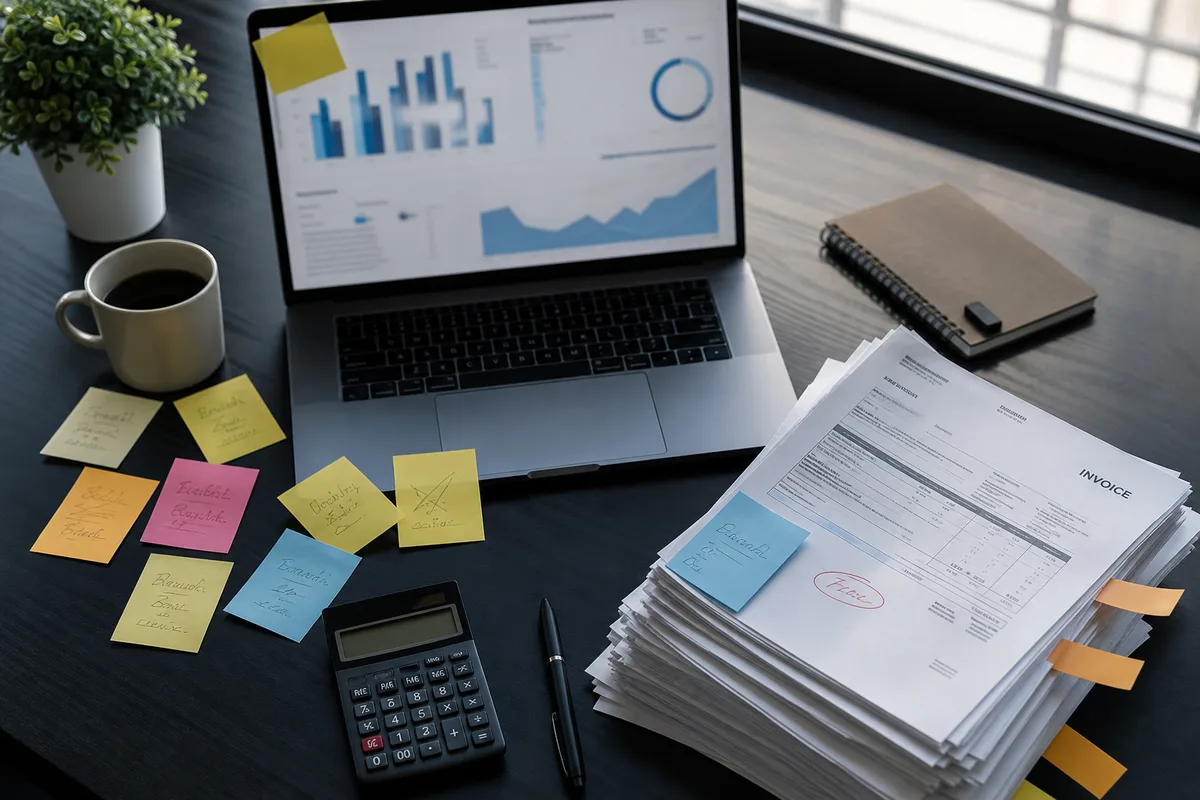 Desk with laptop, invoices, and notes suggesting rising software subscription costs.