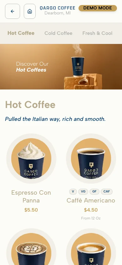 Qargo Coffee Kiosk mobile screen 2