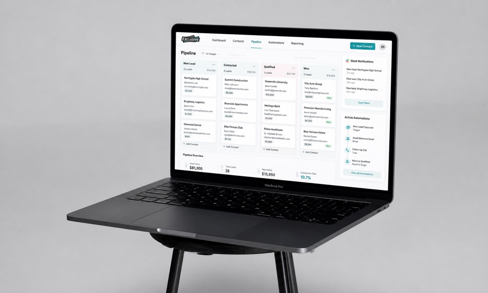 Laptop showing a CRM pipeline dashboard with leads, stages, and automations.